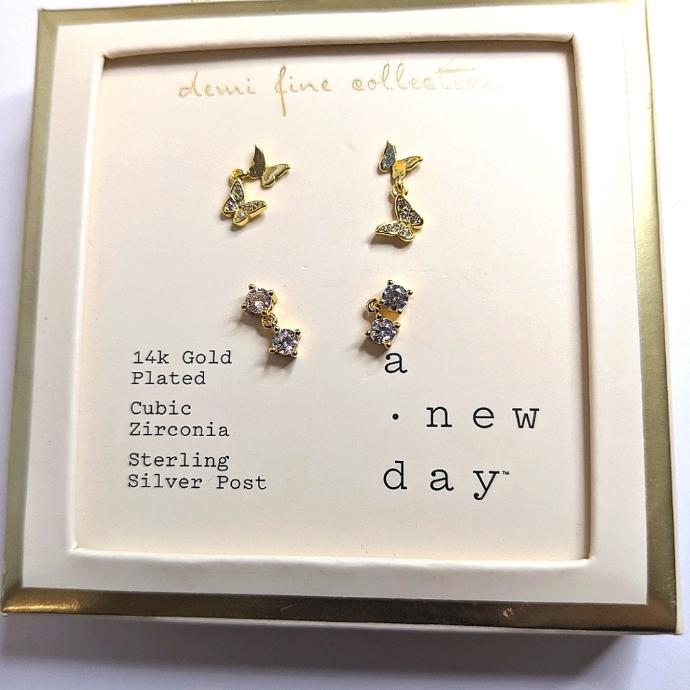 NWT A New Day Earring Gift Set – 14K Gold Plated,‎ CZ, Sterling Silver Posts